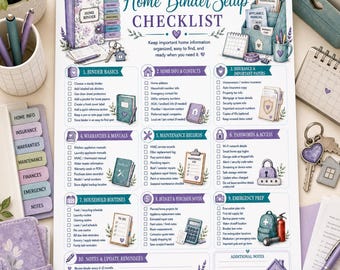 May include: A printed Home Binder Setup Checklist featuring purple and blue watercolor illustrations. The document includes ten sections for organizing household information, maintenance records, and emergency prep, with text detailing specific tasks.
