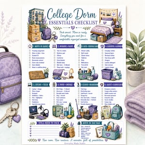May include: A printed College Dorm Essentials Checklist featuring eight categorized sections with checkboxes, illustrations of dorm items, and text including Move-in Basics, Bedding, Bath, Clothing, Study, Food, Cleaning, and Safety, with a purple color theme.