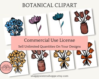 Commercial Use Clipart and Graphics, 80 Grungy Floral Clip Art Images, Botanical Illustration PNGs with Transparent Background.