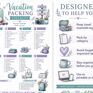May include: A watercolor-style vacation packing checklist with a suitcase, hat, and camera. The checklist is divided into categories like clothing, footwear, and electronics. The text reads "Vacation Packing Checklist" and "Pack smart. Travel light. Make memories."