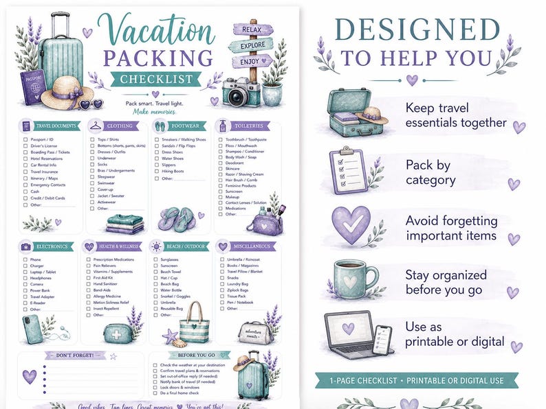 May include: A watercolor-style vacation packing checklist with a suitcase, hat, and camera. The checklist is divided into categories like clothing, footwear, and electronics. The text reads "Vacation Packing Checklist" and "Pack smart. Travel light. Make memories."