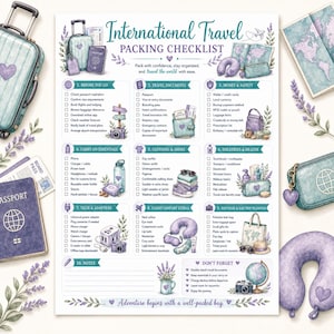 May include: An International Travel Packing Checklist printed on paper, featuring ten categorized sections with checkboxes and illustrations of travel gear like suitcases, passports, neck pillows, and lavender sprigs in shades of purple and teal.