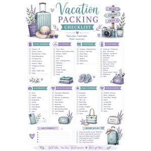May include: A watercolor-style vacation packing checklist with a suitcase, passport, hat, and camera. The checklist includes categories for travel documents, clothing, footwear, toiletries, electronics, health, beach items, and miscellaneous items. The text reads "Vacation Packing Checklist."