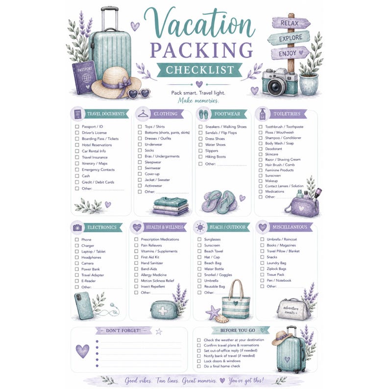 May include: A watercolor-style vacation packing checklist with a suitcase, passport, hat, and camera. The checklist includes categories for travel documents, clothing, footwear, toiletries, electronics, health, beach items, and miscellaneous items. The text reads "Vacation Packing Checklist."