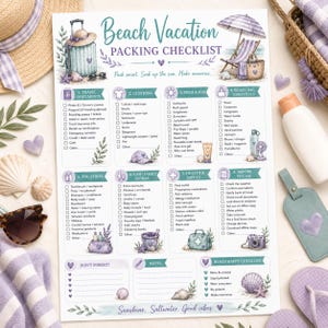 May include: A rectangular paper Beach Vacation Packing Checklist with teal and purple text and illustrations. It features eight categorized sections including travel documents, clothing, swim and sun, beach bag essentials, toiletries, family extras, health and safety, and pre-departure tasks.