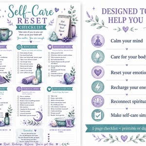 May include: A watercolour self-care checklist featuring lavender, candles, and a notepad. The checklist includes sections for mind, body, emotional, energy, spiritual, and daily self-care. The text reads "Self-Care Reset Checklist" and "Designed to Help You."