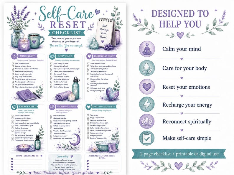 May include: A watercolour self-care checklist featuring lavender, candles, and a notepad. The checklist includes sections for mind, body, emotional, energy, spiritual, and daily self-care. The text reads "Self-Care Reset Checklist" and "Designed to Help You."