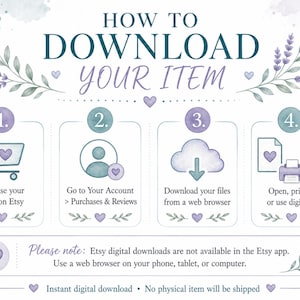 May include: An illustrated guide in watercolour style detailing how to download a digital item from Etsy. The steps are shown in numbered boxes, with text including "Download Your Item". The image also states that no physical item will be shipped.