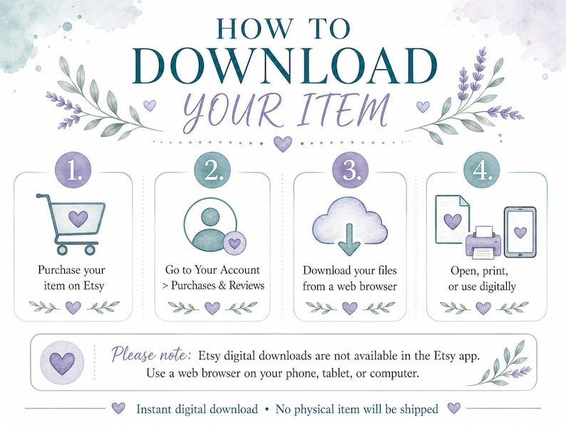 May include: An illustrated guide in watercolour style detailing how to download a digital item from Etsy. The steps are shown in numbered boxes, with text including "Download Your Item". The image also states that no physical item will be shipped.