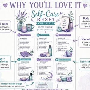 May include: A self-care checklist poster titled "Self-Care Reset." The design includes illustrations of lavender, candles, and a notebook. The poster is divided into sections such as mind reset, body care, emotional reset, energy reset, spiritual reset, and daily self-care ideas.
