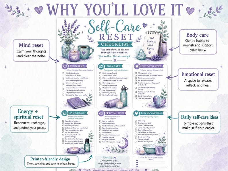 May include: A self-care checklist poster titled "Self-Care Reset." The design includes illustrations of lavender, candles, and a notebook. The poster is divided into sections such as mind reset, body care, emotional reset, energy reset, spiritual reset, and daily self-care ideas.
