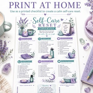 May include: A printed self-care checklist with lavender and teal accents. The checklist includes sections for mind, body, emotional, energy, and spiritual resets, along with daily self-care ideas. A cup of coffee, candle, and journal are also visible.