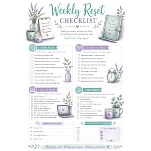 May include: A watercolour Weekly Reset Checklist with lavender detailing. The checklist includes sections for home, schedule, digital, and self-care, with a focus on productivity and well-being. A notebook, pen, and alarm clock are also featured.