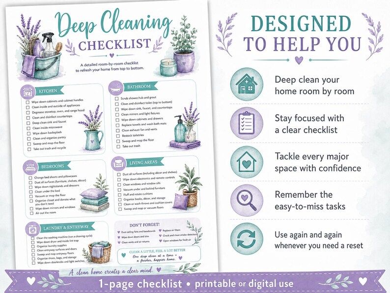 Deep Cleaning Checklist Printable | Room by Room House Cleaning Guide ...