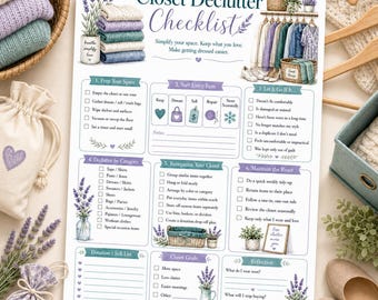 May include: A white paper Closet Declutter Checklist with lavender floral illustrations and blue text. The document features six numbered sections for organising clothing, including checkboxes, a donation list, and a reflection area for closet goals.