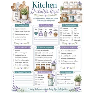 Puede incluir: Una guía decorativa para ordenar la cocina con una estética de acuarela. La guía incluye pasos para preparar, clasificar, ordenar y mantener una cocina ordenada. El texto incluye la frase "Kitchen Declutter Reset."