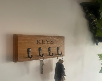 Key Holder wall mounted Oak Handmade black hooks Laser engraved