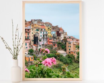 Cinque Terre Italy Print, Corniglia Colorful Buildings (Digital Download)