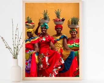 Impresión fotográfica de vendedores de frutas de Palenquera, Cartagena, Colombia (Descarga digital)
