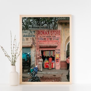 Fotografía de la calle, Viaje indio, Antiguo frente de la tienda india, Rajastán, Arte de la pared, Arquitectura india, Descarga digital instantánea, Impresión rosa