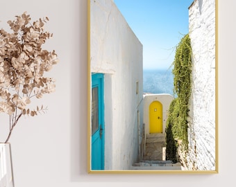 Griekse eiland gele deur print, Tinos Photography, mediterrane muurkunst (digitale download)