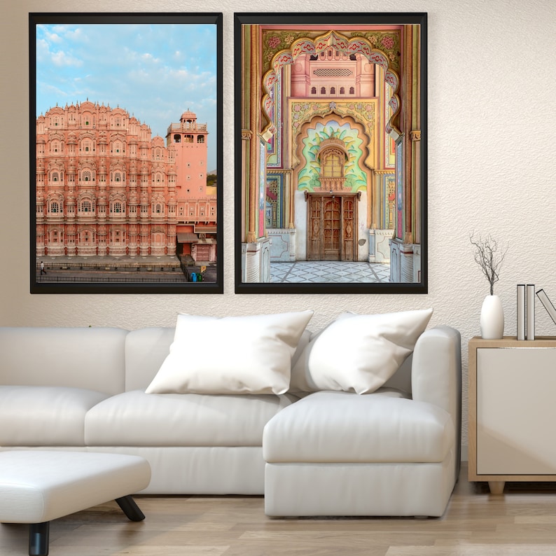 May include: Two framed photographs of a pink palace in India. The first photo shows the exterior of the palace, while the second photo shows a colorful archway leading to a doorway.