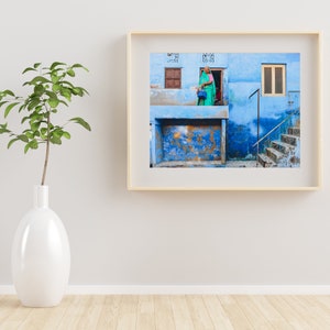 Jodhpur Rajasthan India Print, Lady in Sari Grandma Blue Walls India Photo Print, Digital Printable Art, Wall Art, Home Decor, Jodhpur India