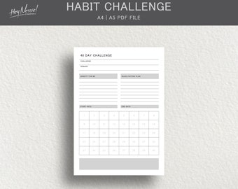 40 Day Habit Challenge Printable: Minimalist Goal Tracker (PDF Digital Download)