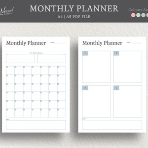Monthly Planner Printable, Goal Planner, Simple and Minimalist Planner, A4, A5 PDF Digital Download