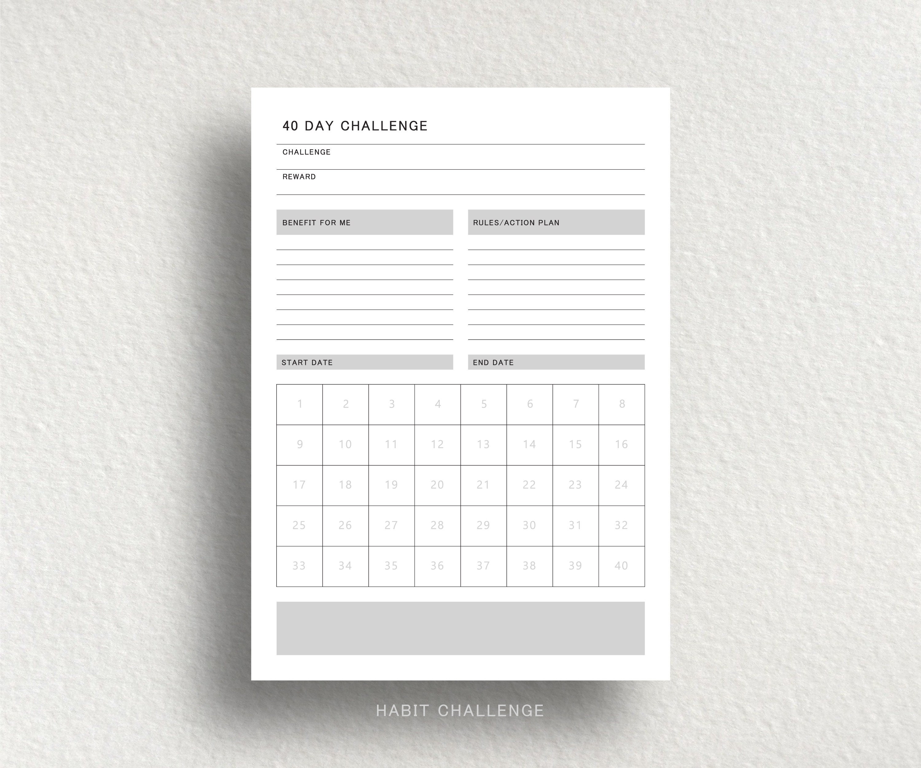 40 day habit challenge printable: minimalistischer ziel-tracker
