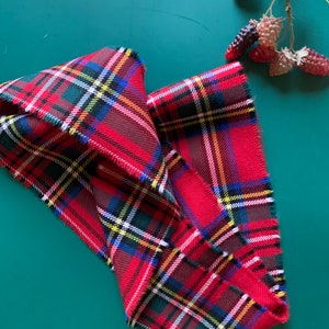 May include: Red and green plaid ribbon with frayed edges. The ribbon is folded in half and the ends are overlapping.