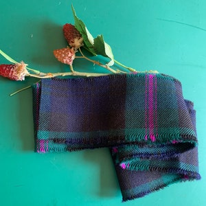 May include: A green, black, and pink plaid ribbon with frayed edges. The ribbon is folded in half and the ends are curled.