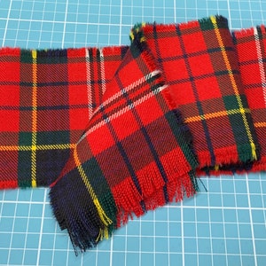 May include: Red, black, green and yellow tartan fabric with frayed edges.