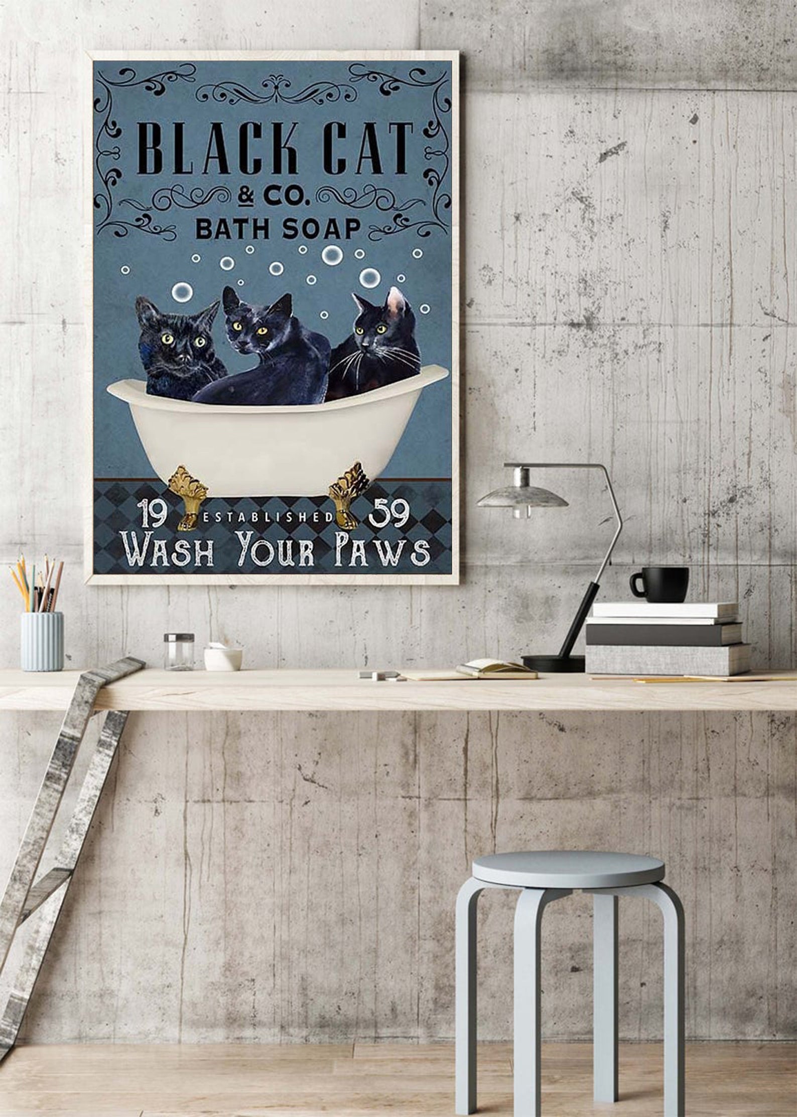 Black Cat bath Soap Poster Wash your Paws Poster Bathroom Etsy
