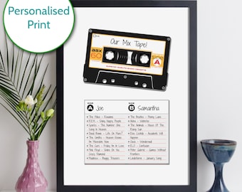 personalised mixtape cassette print / retro custom cassette mix tape tape poster / cassette wall art / favourite songs / music decor