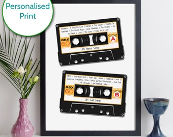 personalised mix tape cassette print / custom cassette mixtape tape poster / retro cassette wall art / favourite songs / music decor