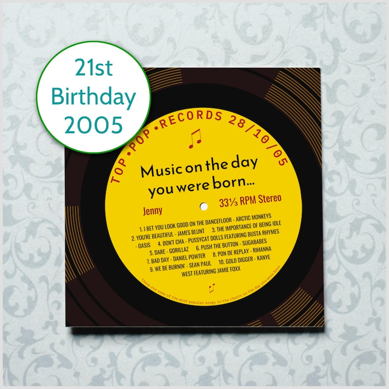 21st birthday card for him or her / born in 2005 21st birthday gift for him or her / music personalised card for son or daughter / songs image 4