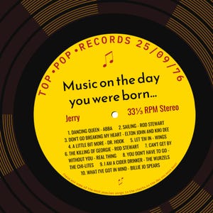 50th birthday card for man or woman / born in 1976 50th birthday gift for him or her / 1976 music personalised card / record label songs gold