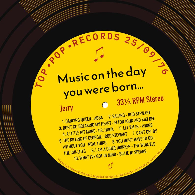 50th birthday card for man or woman / born in 1976 50th birthday gift for him or her / 1976 music personalised card / record label songs gold