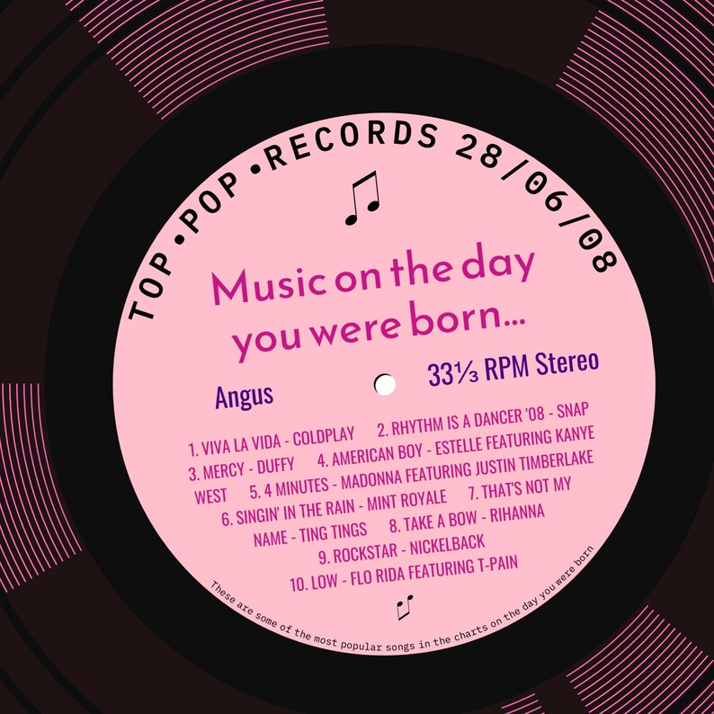 18th birthday card for boy or girl / born in 2008 / 18th birthday gift for son or daughter / 2008 music card / personalised card / record pink