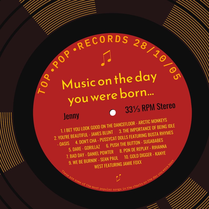 21st birthday card for him or her / born in 2005 21st birthday gift for him or her / music personalised card for son or daughter / songs red