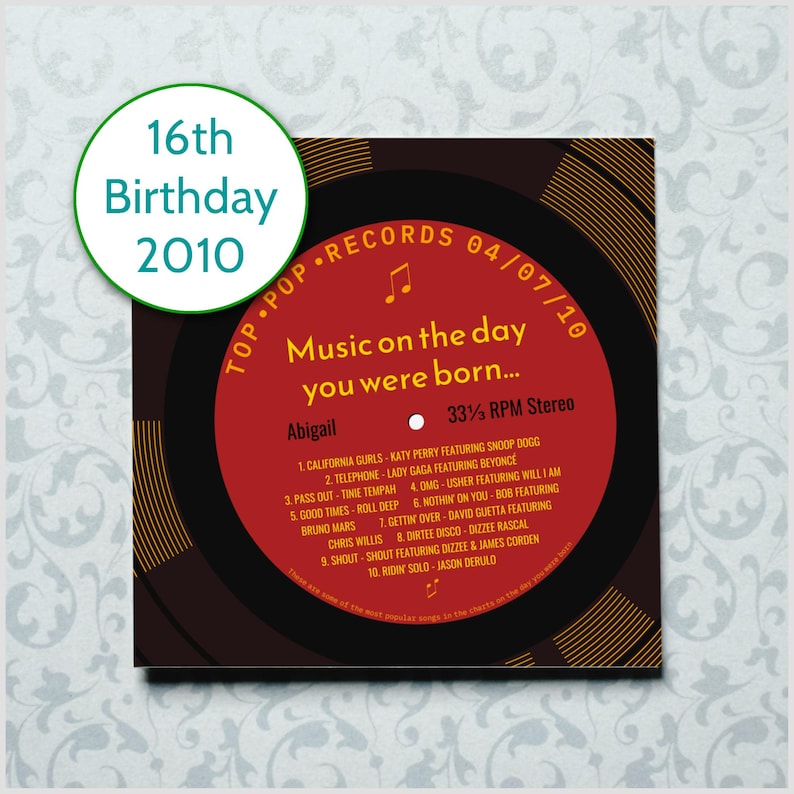 16th birthday card for boy or girl / born in 2010 16th birthday gift for son or daughter / 2010 music personalised card / record label songs image 4