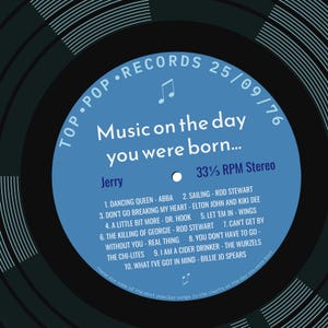 50th birthday card for man or woman / born in 1976 50th birthday gift for him or her / 1976 music personalised card / record label songs blue