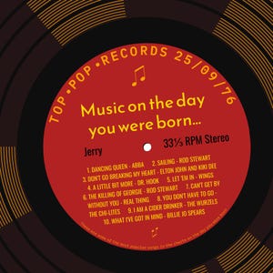 50th birthday card for man or woman / born in 1976 50th birthday gift for him or her / 1976 music personalised card / record label songs red