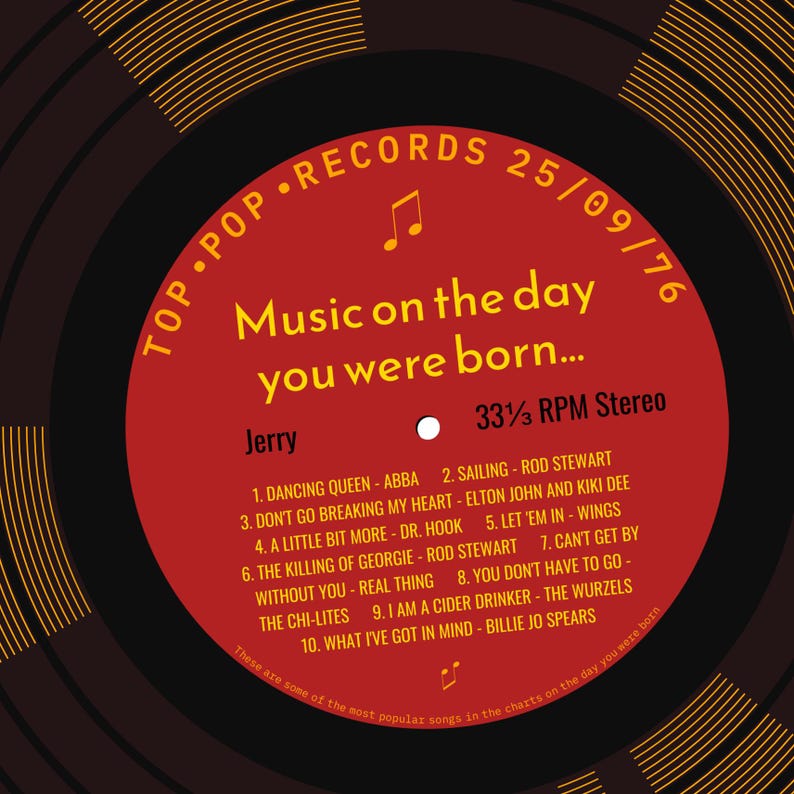 50th birthday card for man or woman / born in 1976 50th birthday gift for him or her / 1976 music personalised card / record label songs red
