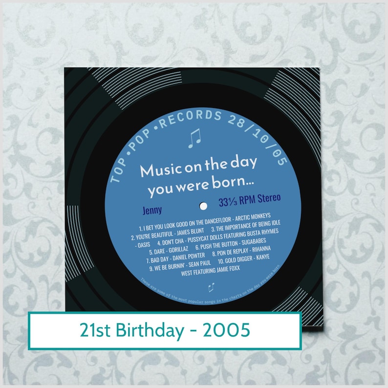 21st birthday card for him or her / born in 2005 21st birthday gift for him or her / music personalised card for son or daughter / songs image 8