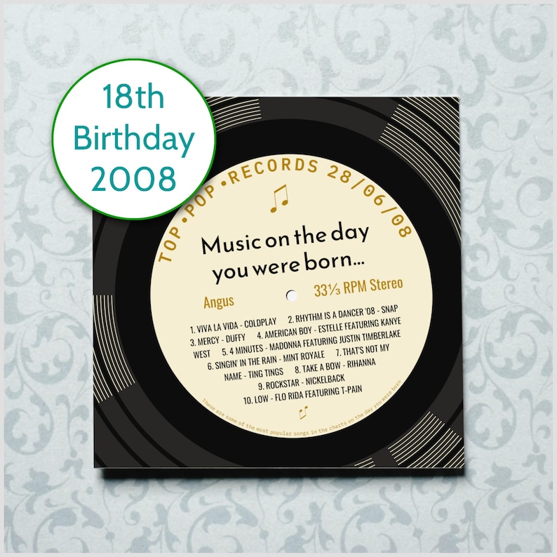 18th birthday card for boy or girl / born in 2008 / 18th birthday gift for son or daughter / 2008 music card / personalised card / record afbeelding 4