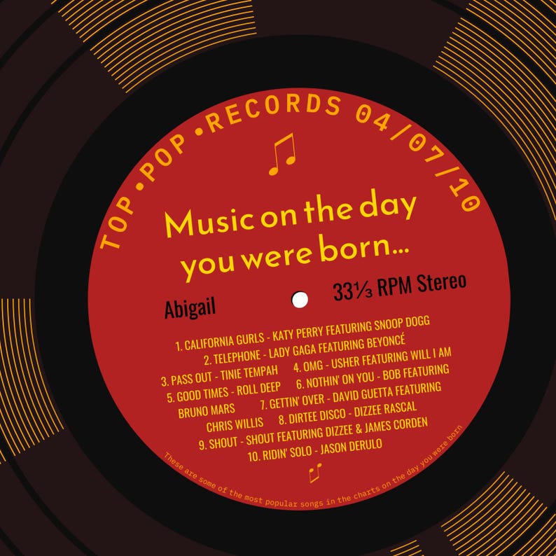 16th birthday card for boy or girl / born in 2010 16th birthday gift for son or daughter / 2010 music personalised card / record label songs red