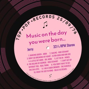 50th birthday card for man or woman / born in 1976 50th birthday gift for him or her / 1976 music personalised card / record label songs pink