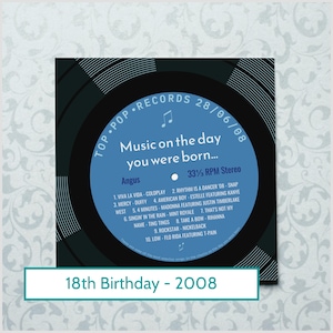 18th birthday card for boy or girl / born in 2008 / 18th birthday gift for son or daughter / 2008 music card / personalised card / record afbeelding 8